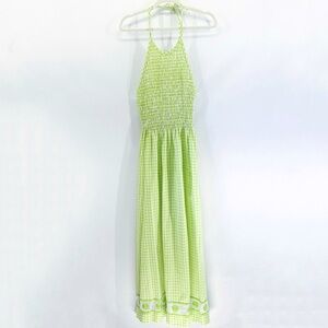 Vintage 70s Joseph Magnin Green Gingham Smocked Halter Picnic Maxi Dress S/M